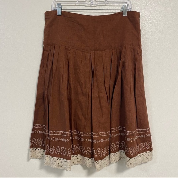 Ninety Skirt Women’s Size Large Brown Linen Blend Embroidered Skirt - Picture 1 of 10